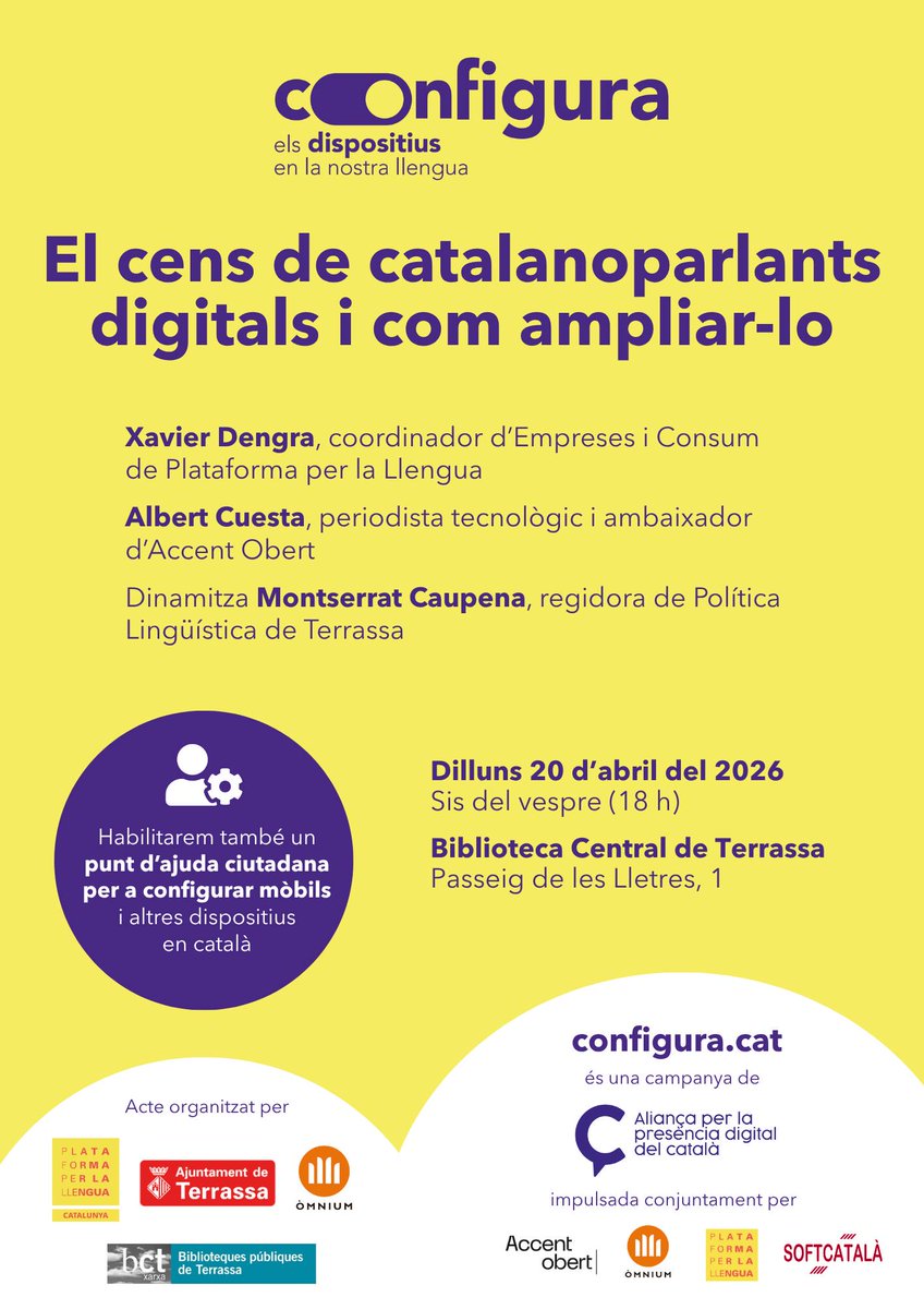 softcatala's tweet photo. Aquesta vesprada, els companys @xavidegr de @llenguacat i @albertcuesta d'@accentobert_ parlaran sobre la importància de configurar els dispositius en català 💻📱👅

📅 Dilluns 20 d'abril
⏰ 18 h
🗺️ Biblioteca Central de Terrassa

No us ho perdeu! https://t.co/Lae78JT3g2