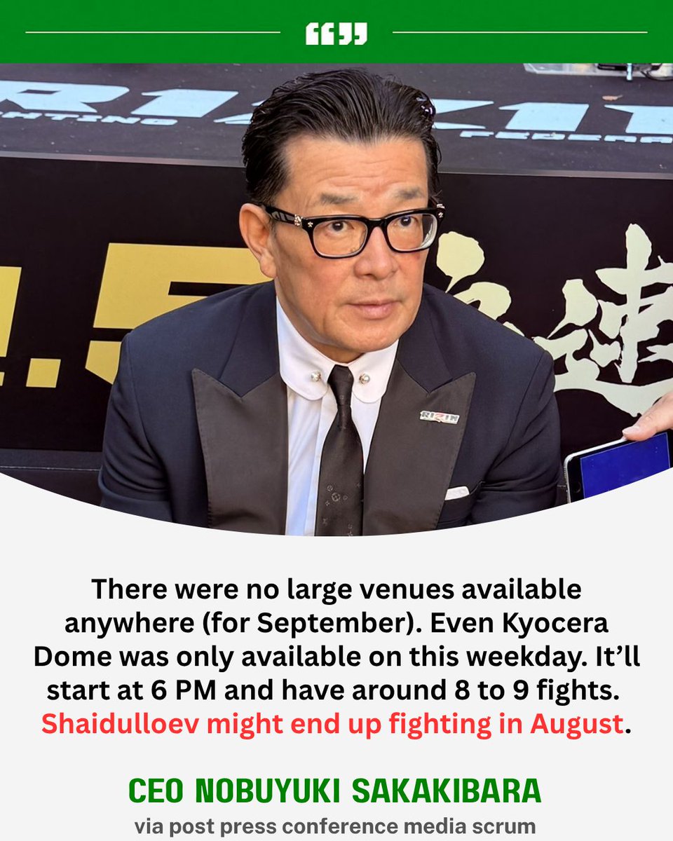 🎤 CEO Sakakibara speaks on why the September show #SuperRIZIN5 will take place on a weekday, the special start time, as well as when #RIZIN Featherweight Champion Razhabali Shaidulloev might make his return match.

#RIZINtv