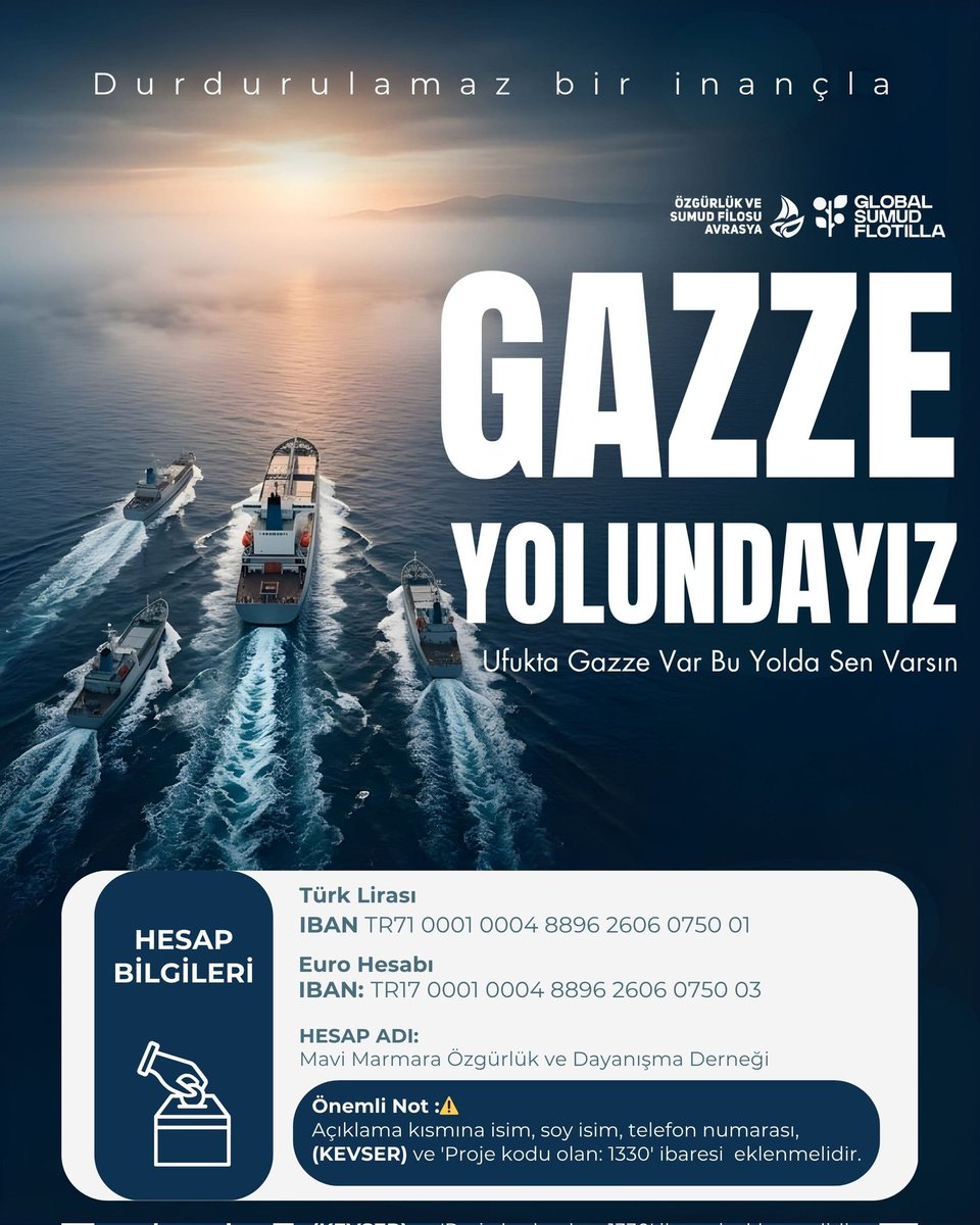 Bu kutlu yolculuğun yakıtı, senin bitmek bilmeyen vicdanın ve desteğindir.

Özgürlük ve "Sumud" filosu ile insaniyetin rotasını Gazze'ye kırıyoruz. Zulmün karanlığını iyiliğin gücüyle dağıtmak için çıktığımız bu yolda, senin de desteğine ihtiyacımız var.

Önemli Not:
Açıklama