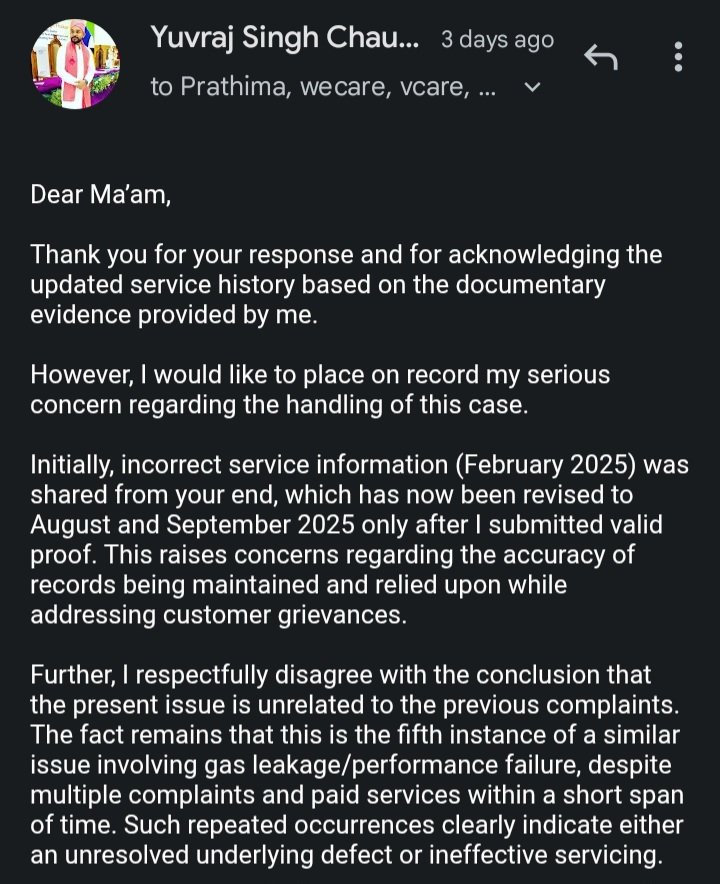 Yuvraj_Uv14's tweet image. @myvoltas @VoltasBeko @VoltasBeko @TataCompanies
Facing AC Issue from 1.5 Years, despite 5th complaint &amp;amp; service problem not solved.
Even now there is no reply to my last email on ongoing issues.
Request immediate resolution.
#Tata #Voltas #ACIssue #BadExperience #ConsumerRights