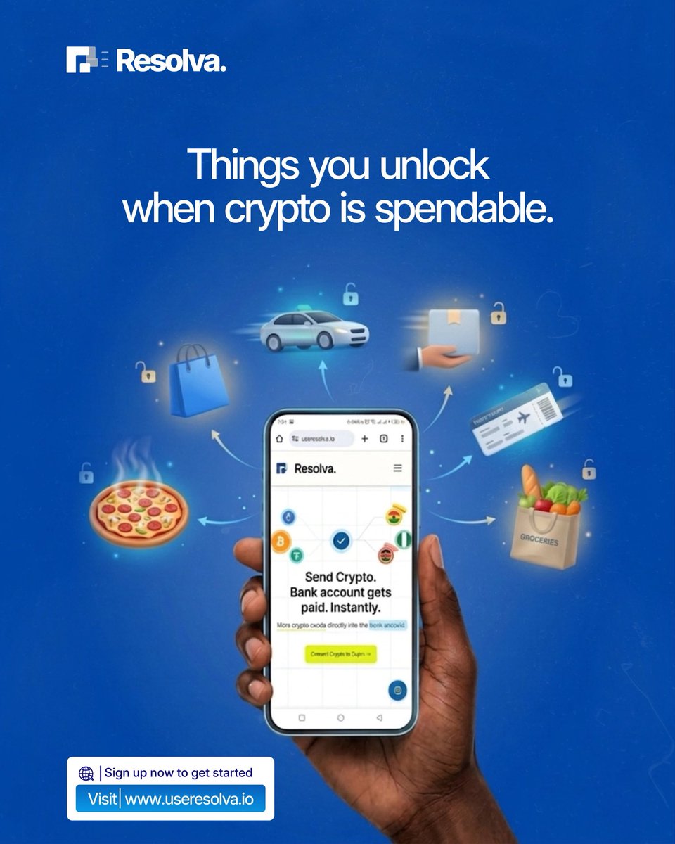 ResolvaHQ's tweet photo. Life gets easier when your money moves! Crypto shouldn’t just sit… it should move.

Turn your digital assets into real-life moments, food, travel, shopping, bills, paid instantly. No stress. No delays. Just seamless spending.

With Resolva, your crypto works for you, everywhere life happens.

Start unlocking more today. 🚀
👉 https://t.co/JfriMduJzJ

#CryptoToCash #Web3Africa #FintechNigeria #CryptoPayments #SpendCrypto