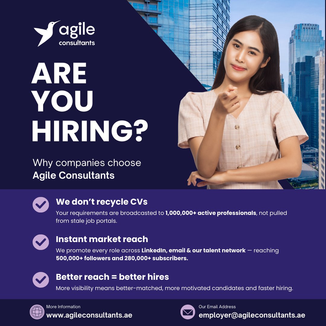AgileUAE's tweet image. Agile Consultants partners with companies across the GCC to help them identify and hire experienced professionals through our executive search services.

Discover how we can support your hiring needs: agileconsultants.ae/executive-sear…

#ExecutiveSearch #HiringSolutions #RecruitmentExperts
