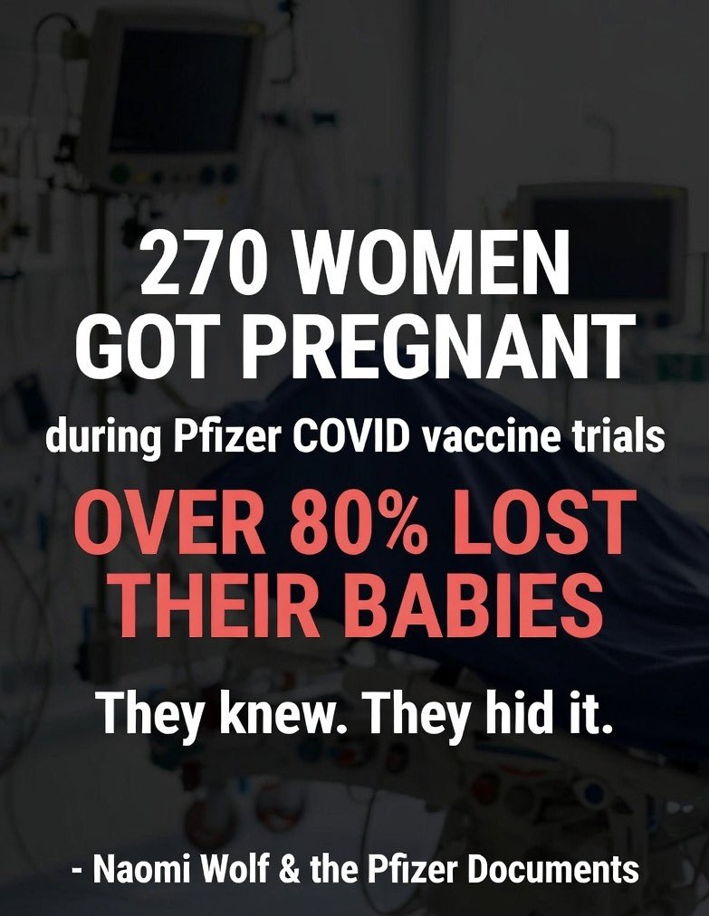 270 women got pregnant during the Pfizer COVID vaccine trials.
Over 80% lost their babies.

They knew.
And they kept it hidden.

Naomi Wolf went through the Pfizer documents and exposed it all. The data was right there … miscarriages, stillbirths, fertility destruction … and it