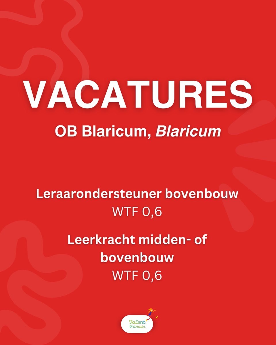 Twee vacatures bij OB Blaricum!

🔹 Leraarondersteuner bovenbouw (0,6 fte)
🔹 Leerkracht midden- of bovenbouw (0,6 - 1,0 fte)

Werk in een betrokken team en maak elke dag impact op de ontwikkeling van kinderen!

Iets voor jou? Check de vacatures. ⤵️

🔗 werkenbijtalentprimair.nl