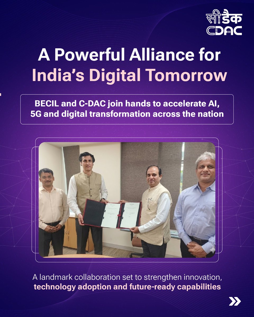 cdacindia's tweet image. 🌐A step forward for India’s digital future💻Broadcast Engineering Consultants India Ltd India Limited (@BECIL_India) and @cdacindia  join hands to accelerate innovation in #AI, #5G, #cybersecurity, and emerging technologies.

This #collaboration will enable joint technology