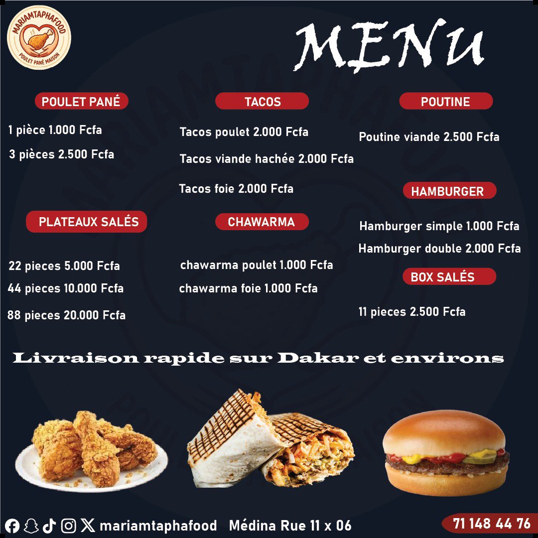Salam à tous, voici le menu que Mme et moi (<a href="/mariamtaphafood/">mariamtaphafood</a>) on vous propose. Si vous avez faim, veuillez commander ou acheter pour un proche. 

Mme, lou nekheu layeu togue. J'ai réalisé le design. 

Un RT est aussi apprécié.

71 148 44 76