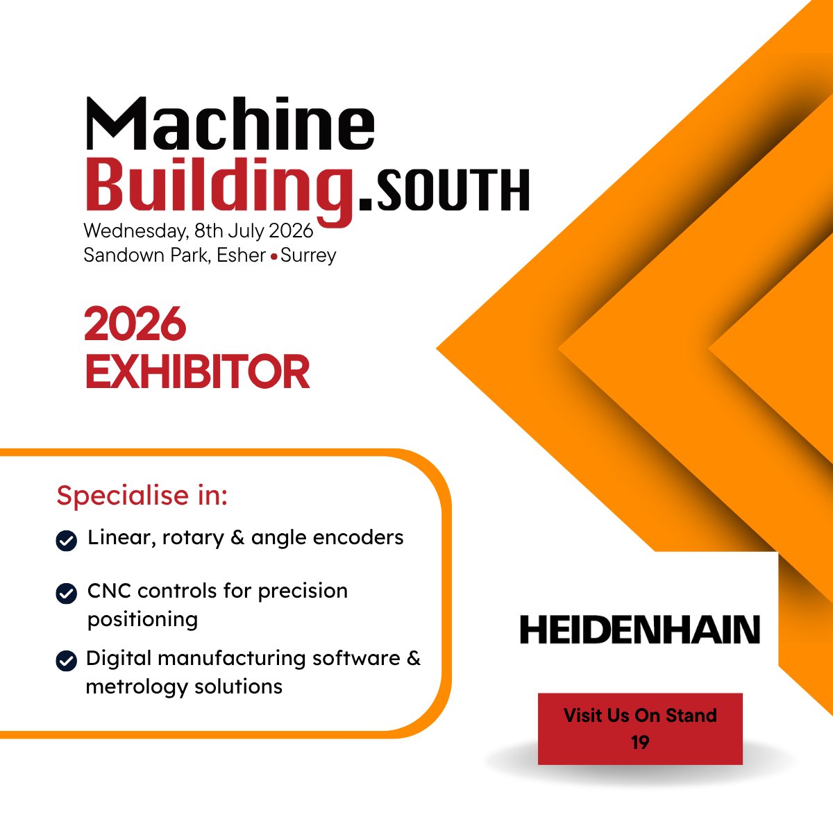 MachBuild's tweet image. We’re delighted to announce that @HeidenhainG will be exhibiting at MachineBuilding.South on Stand 19, Wed 8 July, Sandown Park, Esher.
#MachineBuildingSouth #HEIDENHAIN #IndustrialAutomation #Manufacturing #Engineering #CNC