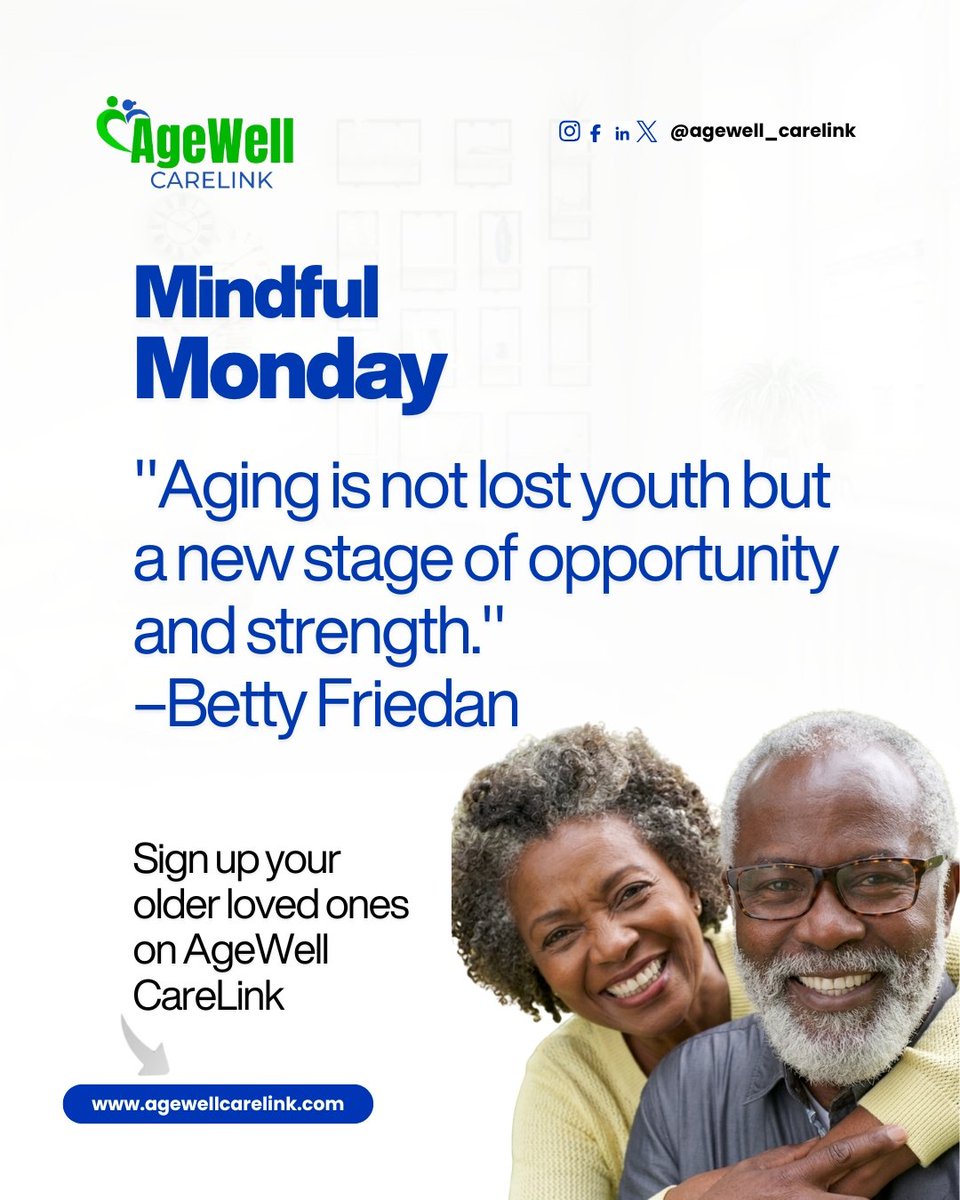 AgeWellCarelink's tweet image. Age isn't about looking back; it’s about stepping into a season of life filled with wisdom and new possibilities. 🌿✨

This #MindfulMonday, we are reflecting on this powerful reminder from Betty Friedan. Growing older is a testament to resilience and