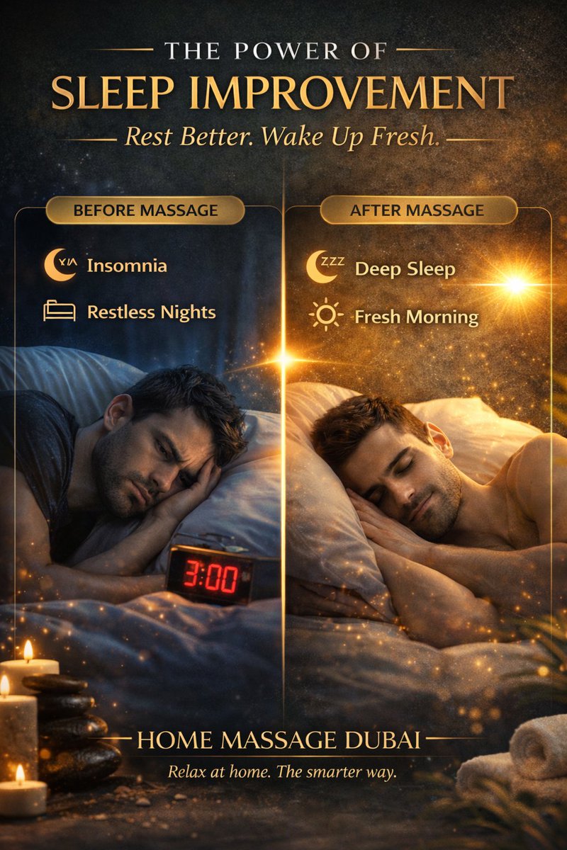 hommassagedubai's tweet image. Can’t sleep at night? 😴

From insomnia &amp;amp; restless nights ➡️ deep sleep &amp;amp; fresh mornings 💆‍♂️✨

Relax your body. Calm your mind. Sleep better.

Book your home massage today:
homemassageservicedubai.com
#SleepBetter #HomeMassageDubai #Relaxation #StressRelief