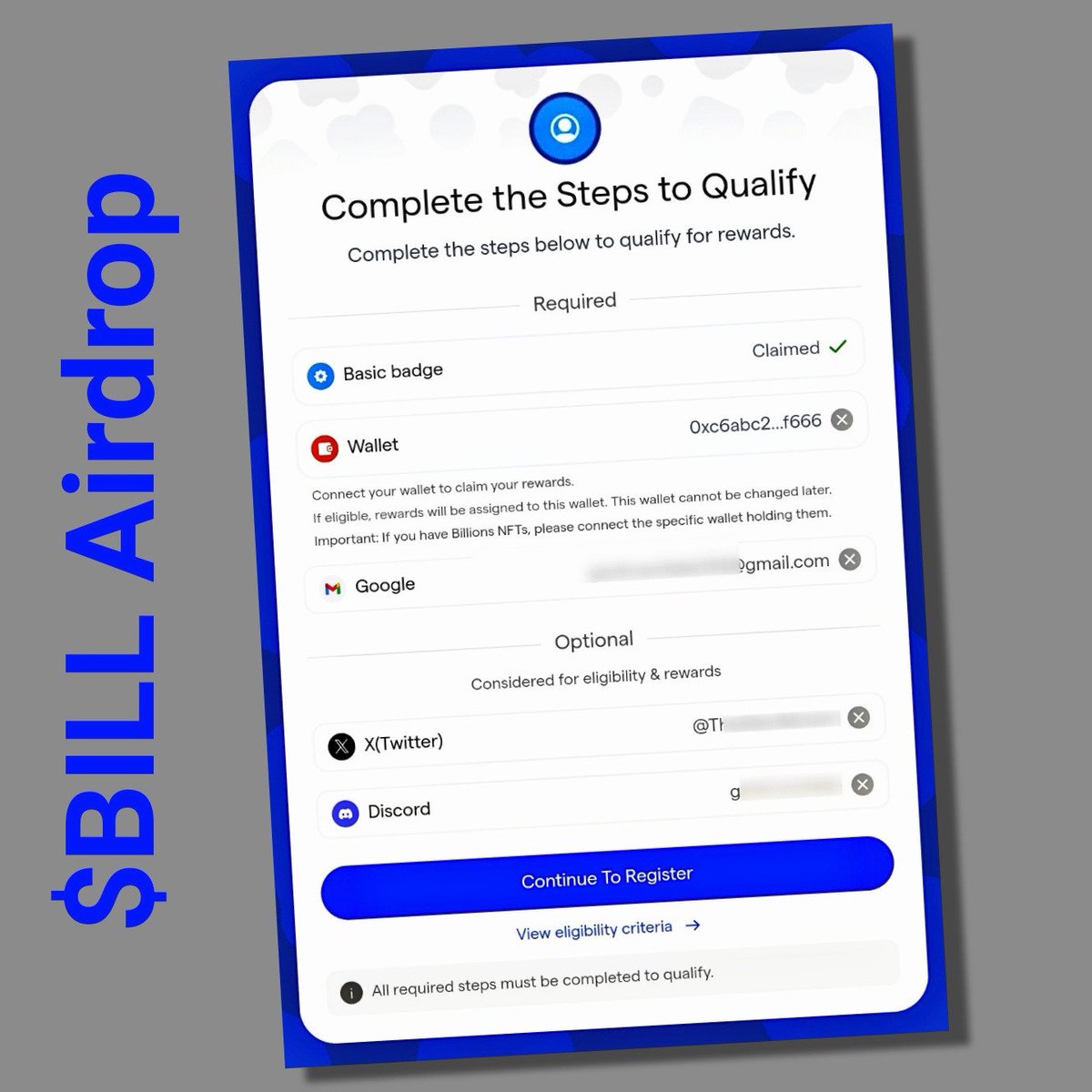 Coco_Airdrop's tweet image. 🕘Time Sensitive 

No registration No Airdrop 💀❌

$BILL Airdrop Registration is LIVE
Ends in 3 days 

What to do
👉 Go to: community.billions.network
• Link your accounts (Email, Discord, X)
• Connect your Billions NFT wallet

TGE is coming soon - @billions_ntwk 

#Airdrop