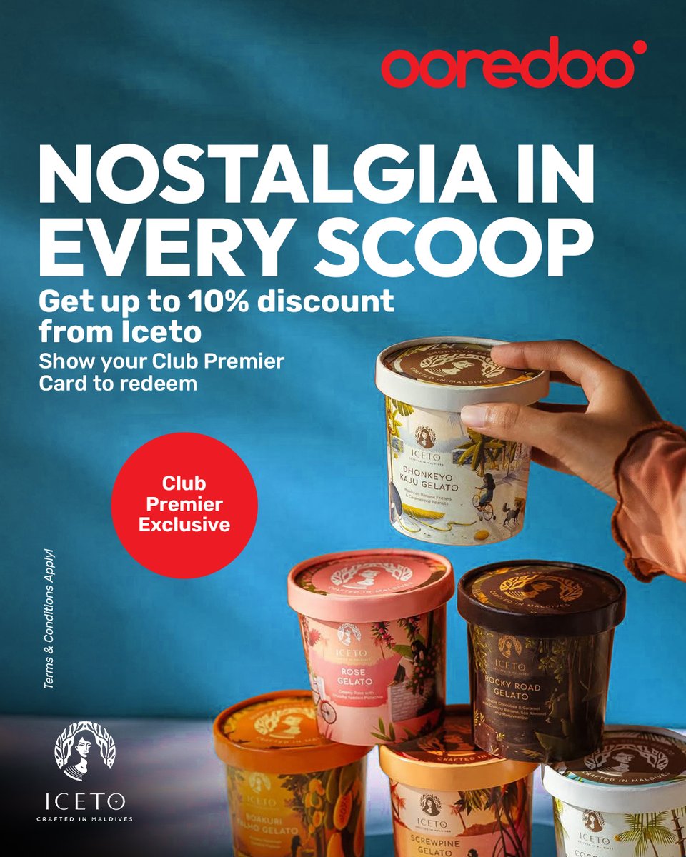 ✨ Nostalgia in every scoop, now even sweeter! 🍦

#OoredooClubPremierMember enjoy up to 10% off at Iceto, just show your Club Premier card and treat yourself to your favorite flavors

Because the best moments deserve a little extra sweetness. 😋