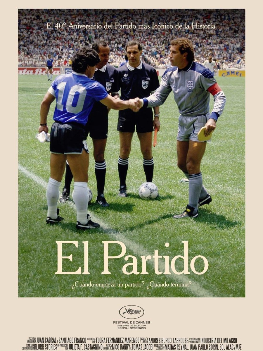 Le Festival de Cannes se met à l’heure de la culture foot. 🎬

“El Partido”, inspiré du livre d’<a href="/Andres_Burgo/">Andres Burgo</a>, y sera présenté en avant-première en mai.

Un documentaire immersif sur Argentine-Angleterre 1986. Au croisement du foot, de la politique et de la guerre des Malouines.