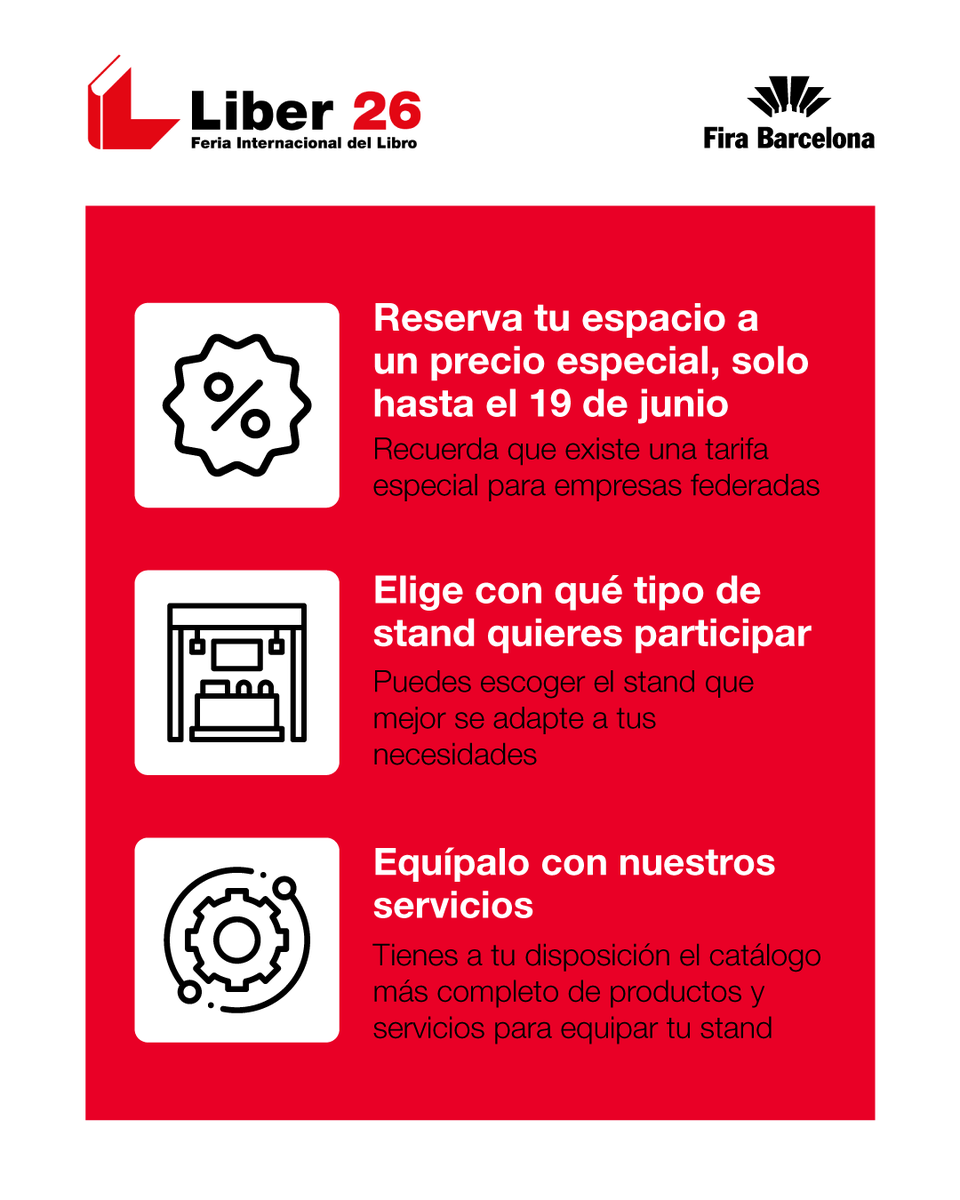 FeriaLiber's tweet photo. Reserva ya tu espacio para #LIBER26 🚀¡Anticípate y consigue la mejor ubicación!

📢Tu ubicación es clave para que los visitantes te encuentren fácilmente.
💡Reserva ya y tendrás preferencia en la adjudicación de espacios.

👉https://t.co/rijT5LhFsR #FeriaLiber https://t.co/vMhbW3145T