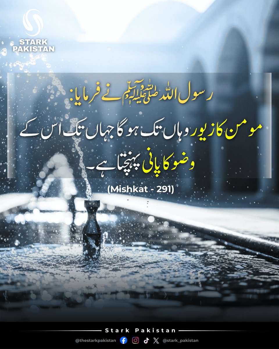 Stark_Pakistan's tweet image. The Radiance of Wudu! ✨🌊
The Messenger of Allah (PBUH) said:
"In a believer adorments will reach the places which ablution reaches."
(Mishkat: 291)

Perfect your Wudu, for it is your identity on the Day of Judgment. 🤲💎
#Hadith #Purity #StarkPakistan