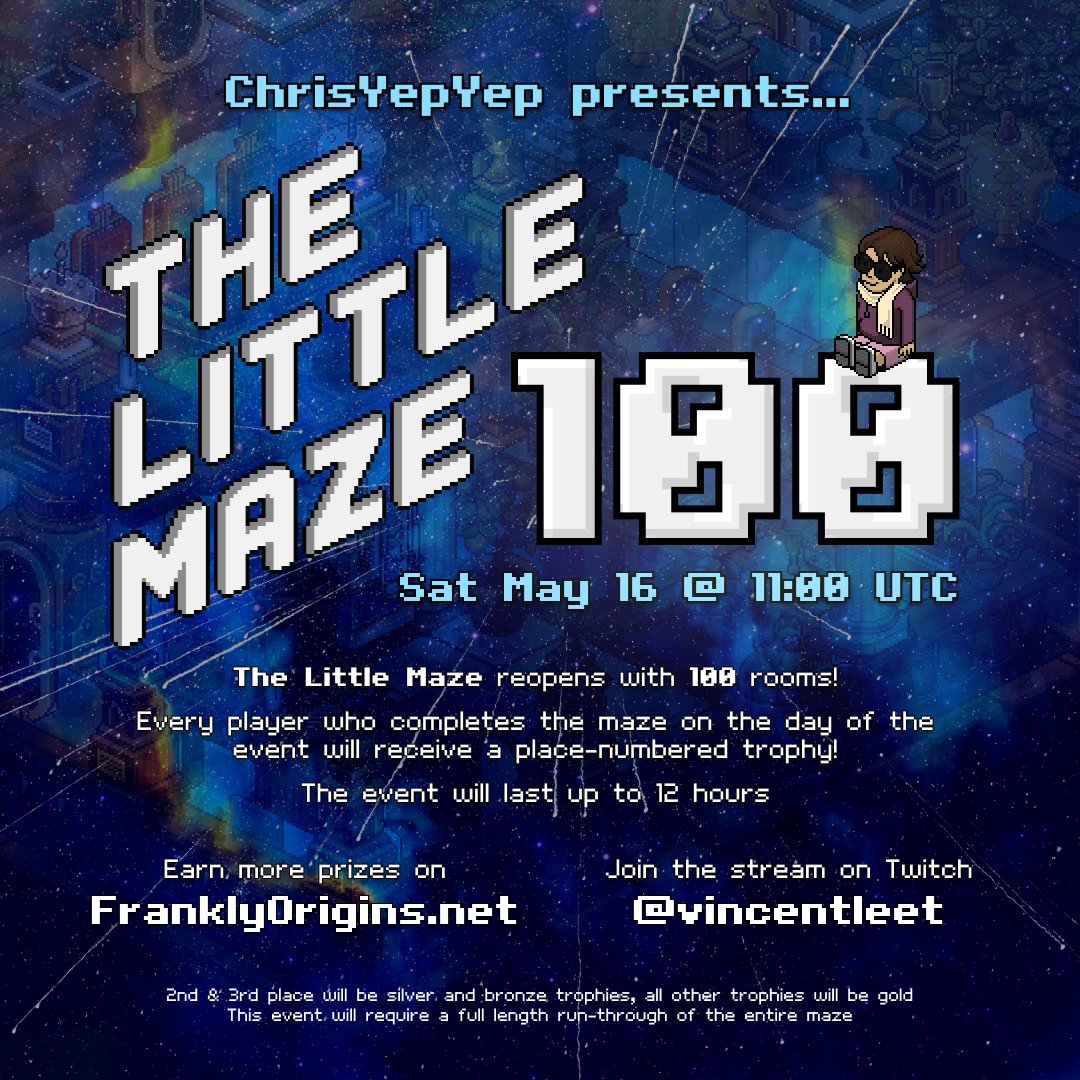 ChrisYepYep's tweet image. Something big is coming! ChrisYepYep, @vincentleet, and @FranklyOrigins present, The Little Maze 100! Keep an eye out for the article hitting the Frankly site for more details!

#HabboOrigins #Habbo @HabboOrigins