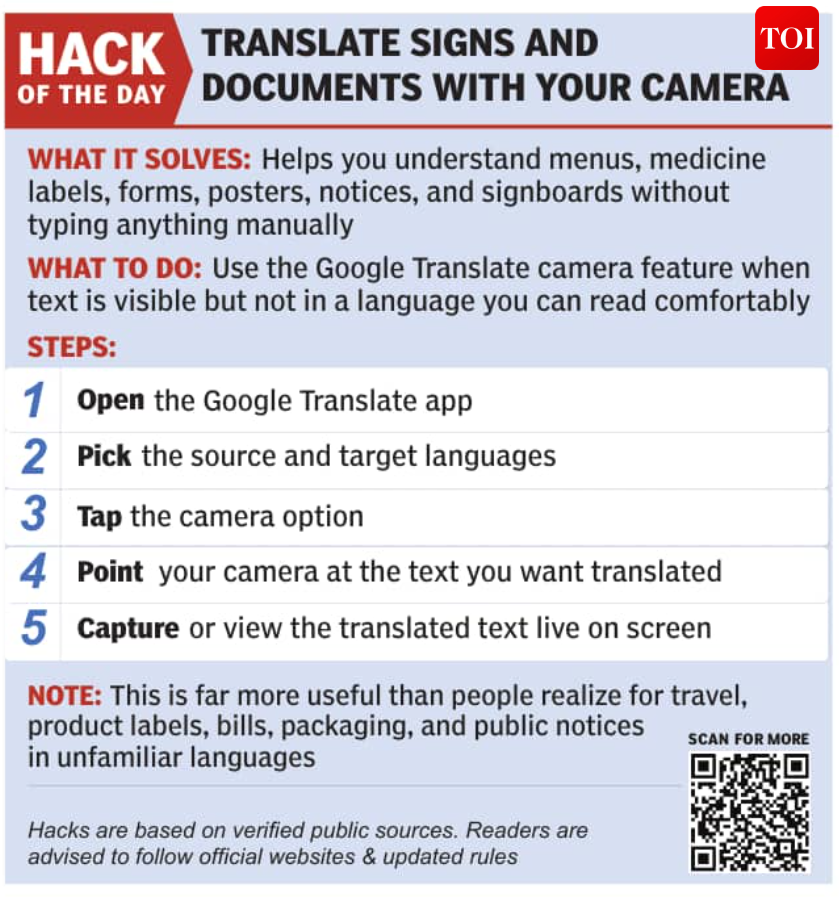 timesofindia's tweet image. 💡 Hack of the Day 💡

Translate signs and documents with your camera 🔗toi.in/ax_41Z83

The #TimesofIndia brings you '#HackoftheDay' — a new weekday series of quick, practical solutions to everyday hassles. Each hack is designed to save you time, money, or stress, using