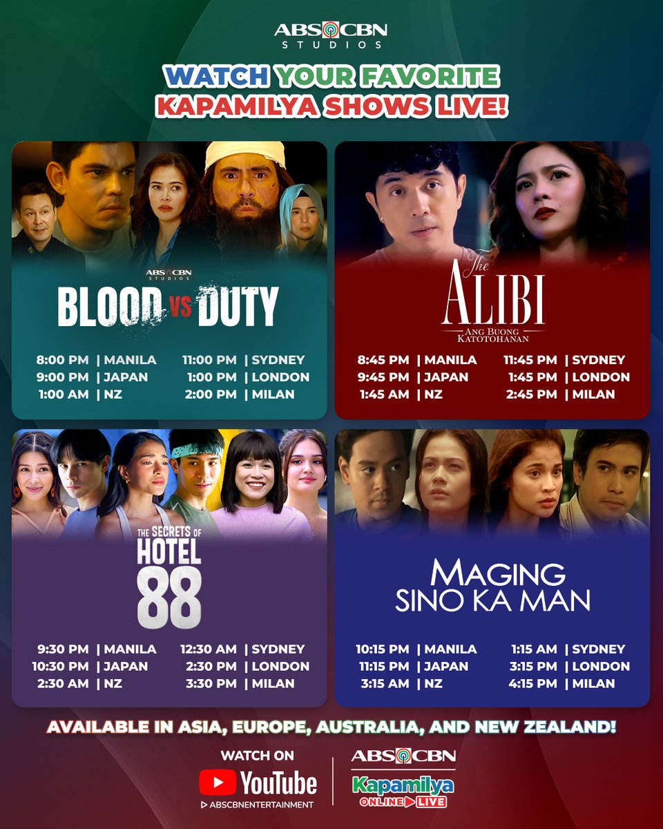 ABSCBN's tweet image. Sumisiklab ang mga hidwaan sa #PrimetimeBida! 😨
 
Watch #BloodVsDuty, #TheAlibiAngBuongKatotohanan, #TheSecretsofHotel88, and #MagingSinoKaMan LIVE on #KapamilyaOnlineLive!