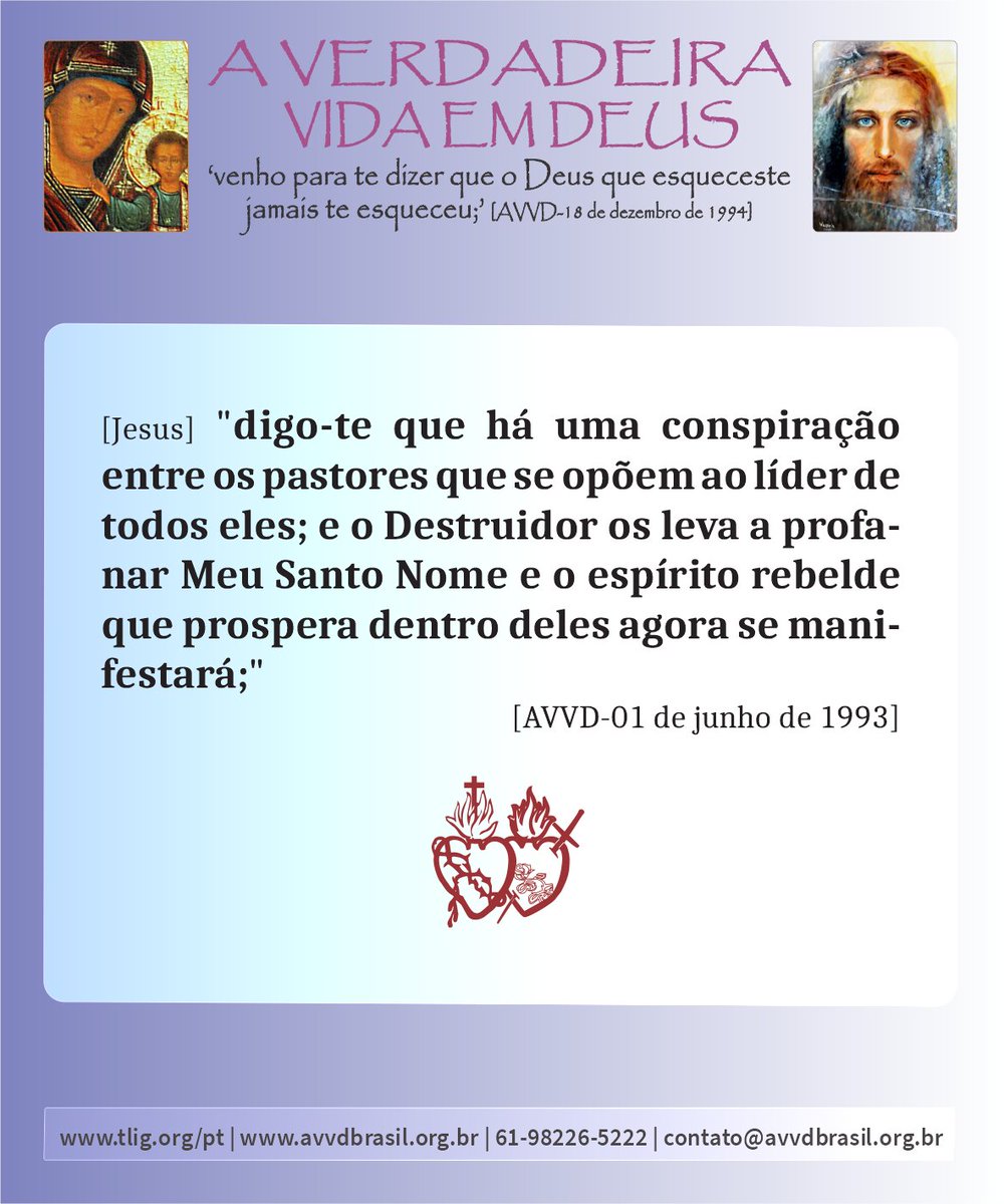 avvdtligbr's tweet photo. Data: 20/04/2026
MARATONA COM JESUS: *Há uma conspiração entre os pastores* [AVVD-1 de junho de 1993]
(completa) aqui: https://t.co/pja5ltQd7J
(em inglês) aqui: https://t.co/4haw5A63i6
Liturgia diária: https://t.co/wLslApsRjw
#DeusEAmor | #GodIsLove

https://t.co/Koofj6Q9zL https://t.co/5J7mILOcGJ