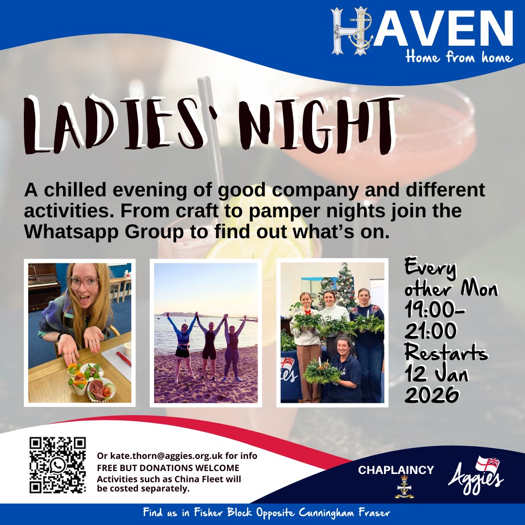 Aggie_Westons's tweet photo. Ladies' Night THIS EVENING!
Join the Aggie's team at HMS Drake for a chilled evening in the Haven - your home from home!
Email Kate.Thorn@aggies.org.uk or join the WhatsApp group via the QR code for more info!
#HMSDrake #HMNBDevonport #Plymouth #RoyalNavy https://t.co/rDA4b1mblw