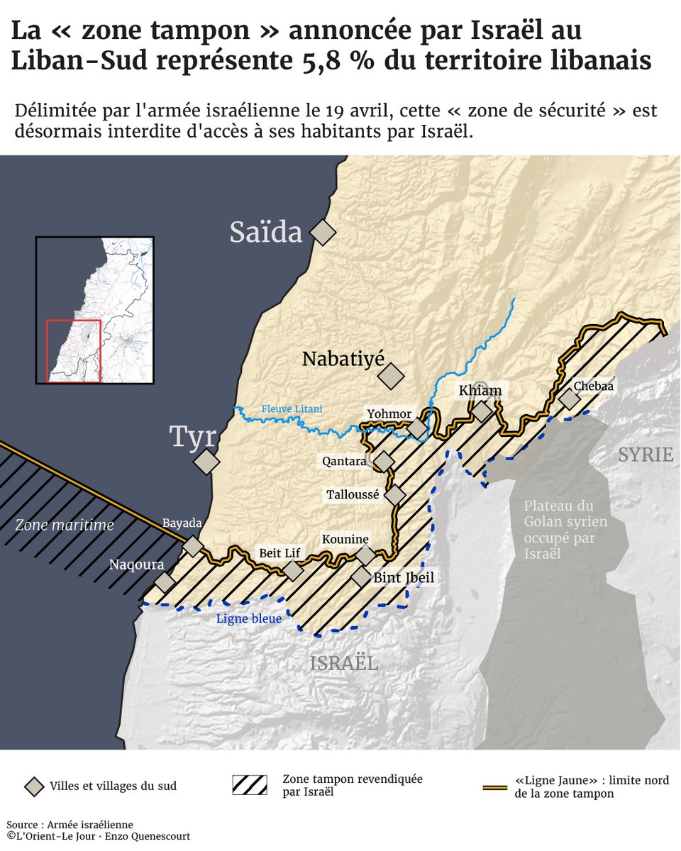 LOrientLeJour's tweet photo. 🗺️ #Cartographie | La zone tampon qu'Israël veut établir le long de sa frontière, en territoire libanais.

Carte par @enzoquenes https://t.co/7MqM0BHTco