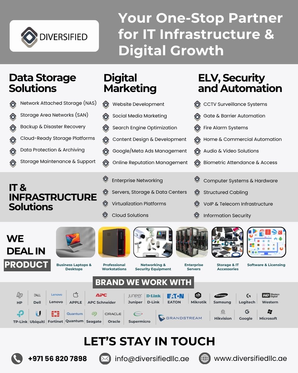 diversifieduae's tweet image. Your one-stop partner for IT infrastructure #ITSolutions and digital growth.

From enterprise networking and data storage to security systems and digital marketing, Diversified LLC delivers scalable, secure, and future-ready solutions.

+971 56 820 7898
 diversifiedllc.ae