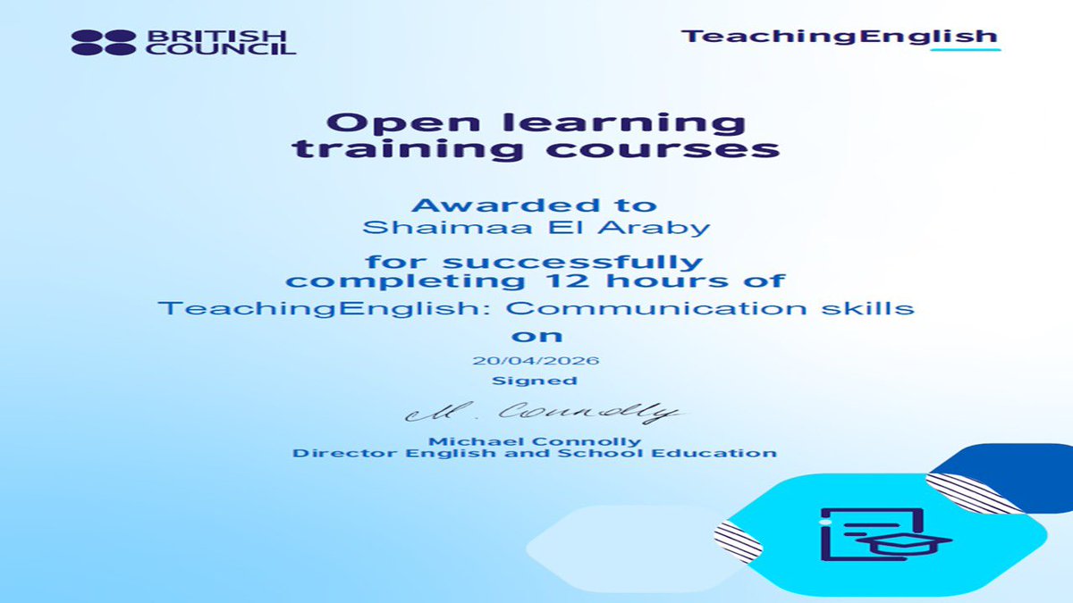 araby_shaimaa's tweet image. Successfully completed TeachingEnglish: Communication Skills with the British Council 🇬🇧
Always learning, always growing… because great teaching starts with great communication 💬📚 
#BritishCouncil #TeachingEnglish #AlwaysLearning #TeacherLife #ProfessionalGrowth