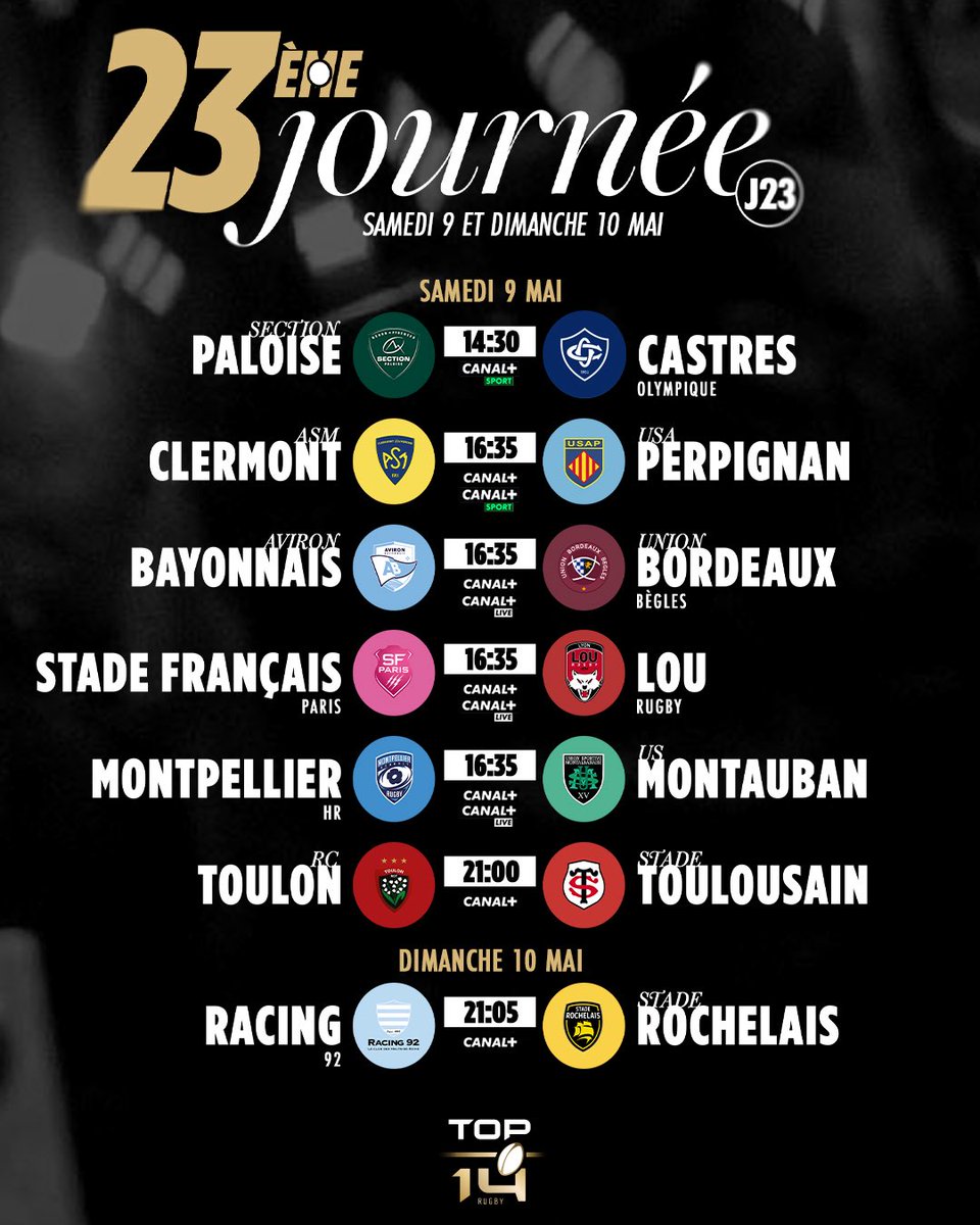 top14rugby's tweet image. La programmation des dates et horaires de la 23e journée de #TOP14 est désormais connue ! 🗓️