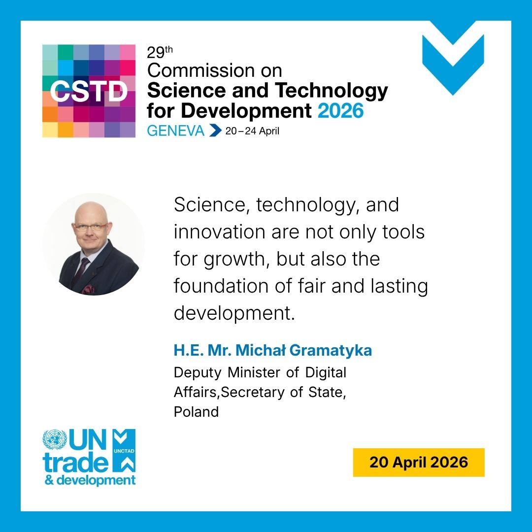 UNCTADinnovate's tweet image. H.E. Mr. Michał Gramatyka, Poland’s Deputy Minister of Digital Affairs, at #29CSTD: Science, #technology, and innovation are not only tools for growth, but also the foundation of fair and lasting development. unctad.org/meeting/commis…