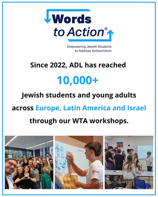 ADL_es's tweet photo. ¡Gran hito para la labor educativa global de ADL!

Desde 2022, más de 10,000 estudiantes y jóvenes adultos judíos en América Latina, Europa e Israel han participado en el programa #WordsToAction de ADL, adquiriendo herramientas reales para responder y combatir el antisemitismo. https://t.co/xtm7agjSFh