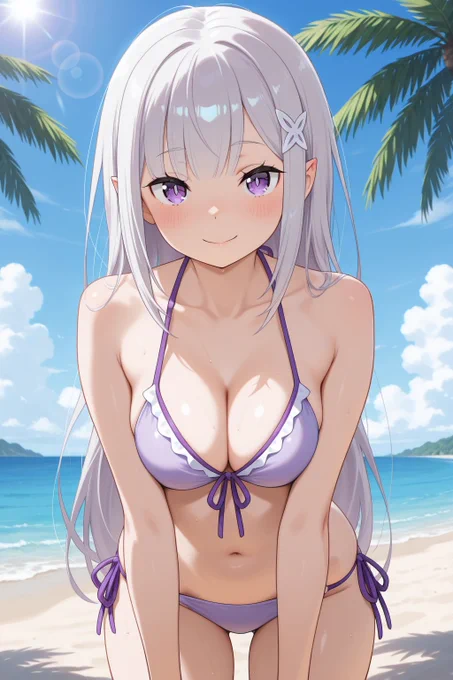 夏のビーチのエミリアたん SFW No suggestive intent, No nudity. Healthy sporting swimwear style illustration. #rezero #リゼロ