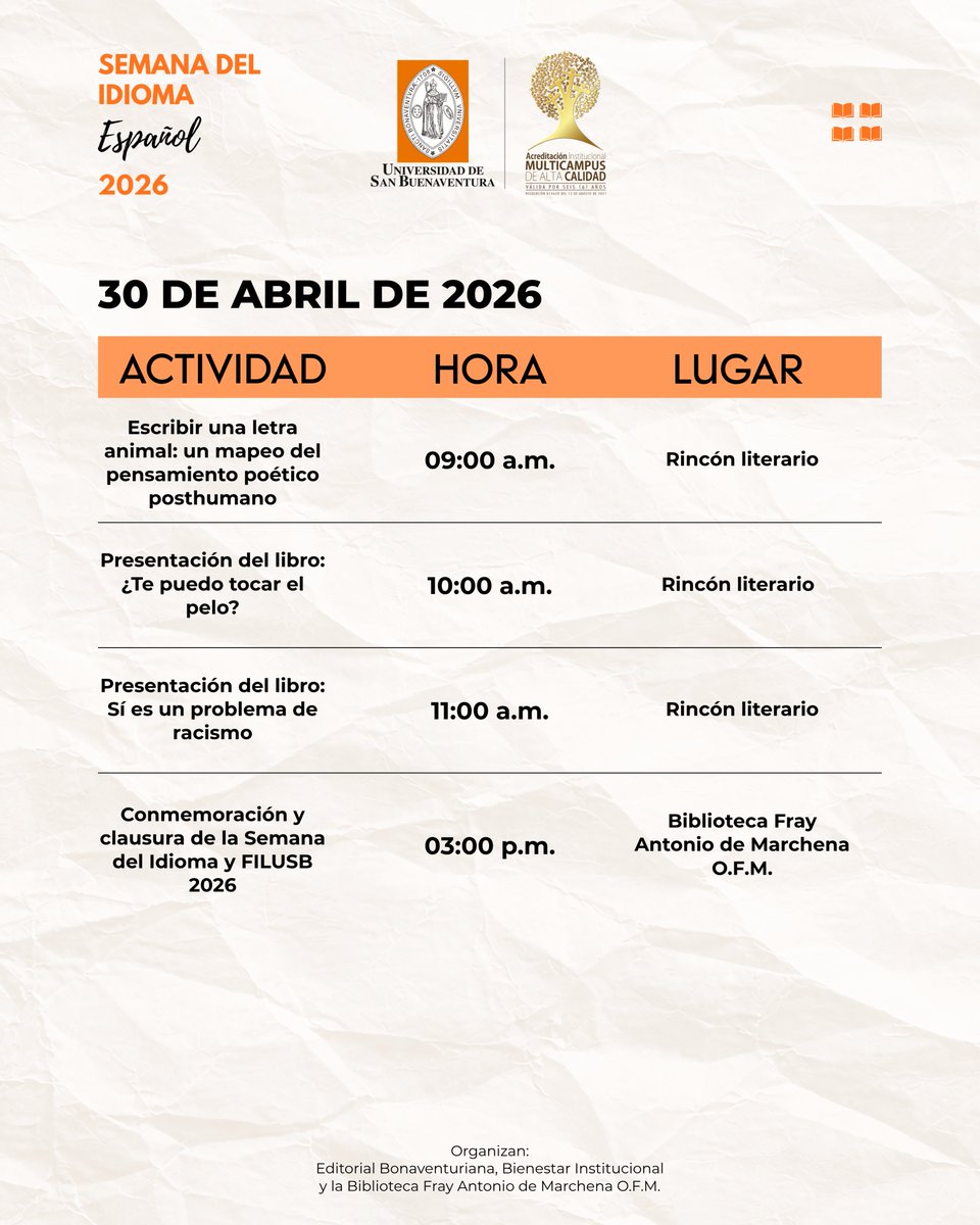 bibliousbctg's tweet photo. 📚✨ Del 27 al 30 de abril llega la Semana del Idioma &amp; FILUSB 2026 a la USB.
Cuatro días dedicados a la palabra, los libros y la lectura.
👀 Esta semana revelaremos la programación por días.
#SemanaDelIdiomaUSB #FILUSB2026 https://t.co/wd4dQX5GsB