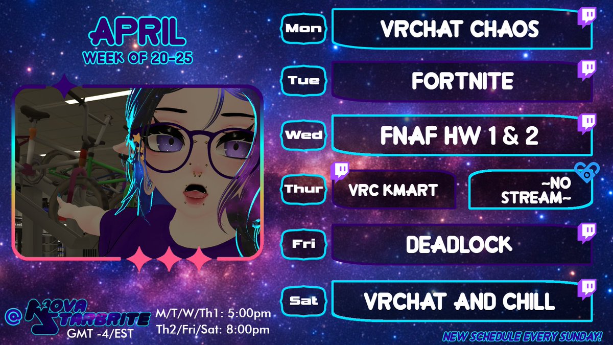 Hope to see you this week!
(I'm testing a new time stamp so 5pm Weekdays, 8pm Weekends)

twitch.tv/novastarbrite
