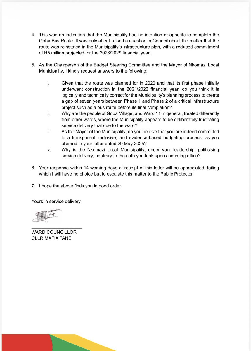♦️LETTER TO NKOMAZI MAYOR♦️

Ward Cllr Mafia Fane wrote to the Executive Mayor of Nkomazi Local Municipality Cllr Phindile Magagula on the continued exclusion of Ward 11( KaHoyi, Goba, and Eric’s Village) from the budget of the Municipality relating to service delivery. 

The