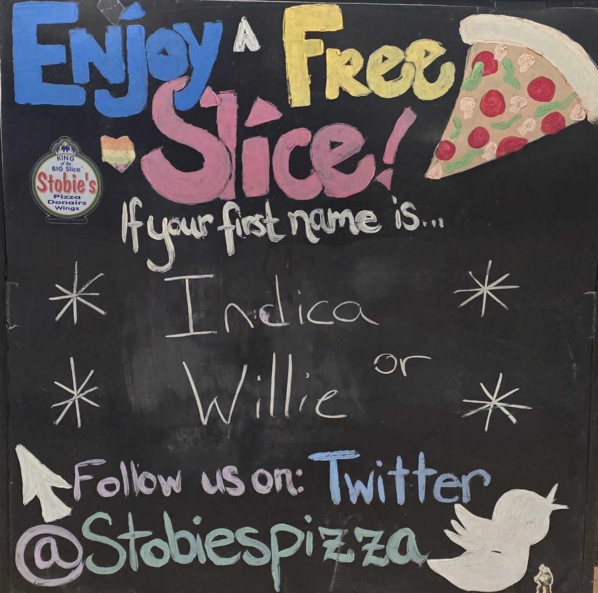 Stobiespizza's tweet image. Enjoy a free🍕today if your first name is🥁🥁🥁🥁 Indica or Willie
•
🍕
•
🍕
#Indica #Willie #nameday #kingofthebigslice #stobiespizza 
delivery starts at 11 AM 
Call 519-432-2228 or click or Uber Eats or DoorDash
☎️📲💻🍕🍗🌯🥟🥗🚗😍
🍕