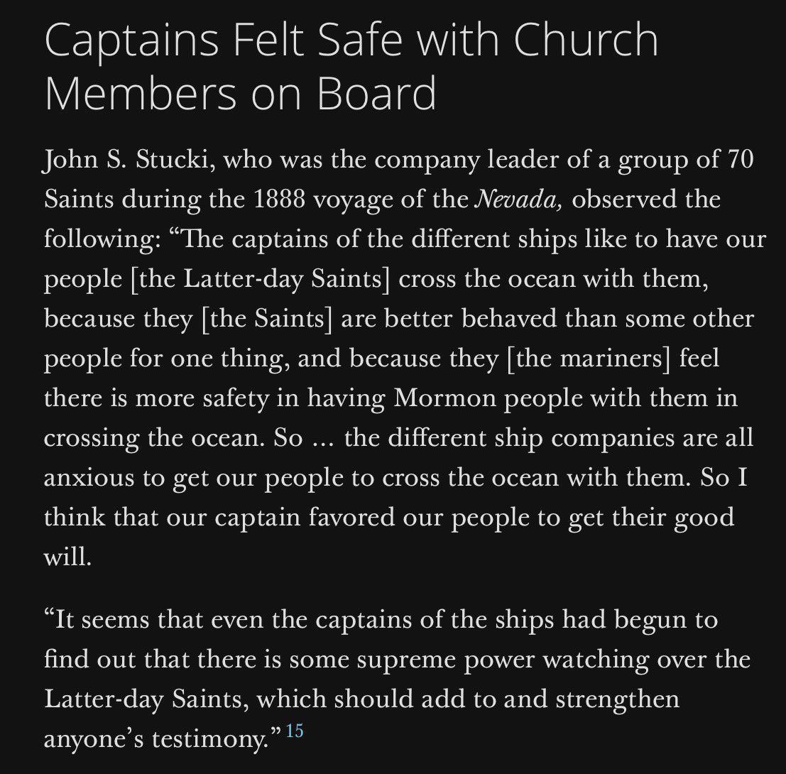 90,000 Latter-day Saints immigrated to the U.S. on more than 500 voyages during the 1800s.

Ship captains sought out Latter-day Saint passengers, believing there was “more safety in having Mormon people with them in crossing the ocean.”

Ship companies competed to carry them.
