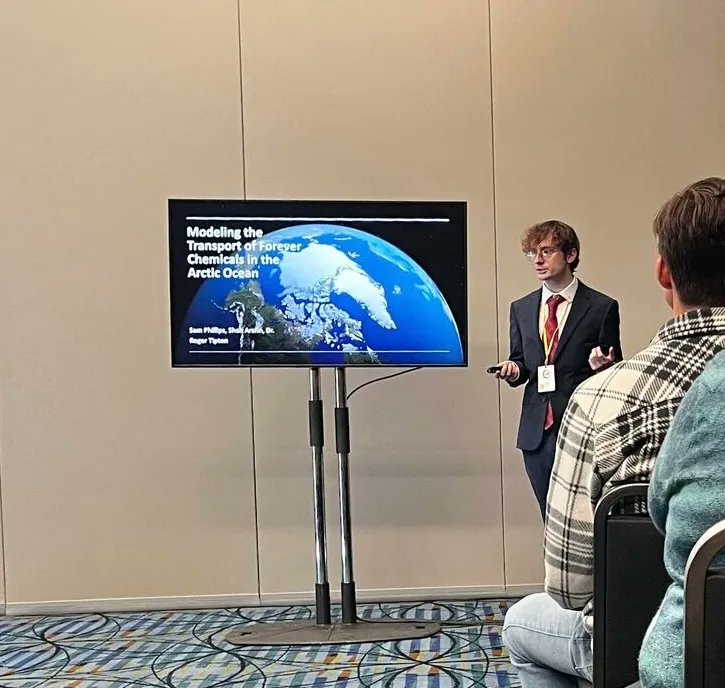PerformanceMat6's tweet photo. Proud of PML undergraduate researcher Sam Phillips, who presented "Modeling the Transport of Forever Chemicals in the Arctic Ocean" at NCUR 2026 in Richmond VA. Sam represented UNC Charlotte beautifully on a national stage. Great work, Sam!#NCUR26 #PFAS #ArcticOcean #UNCCharlotte https://t.co/wvGA3eyCZ2