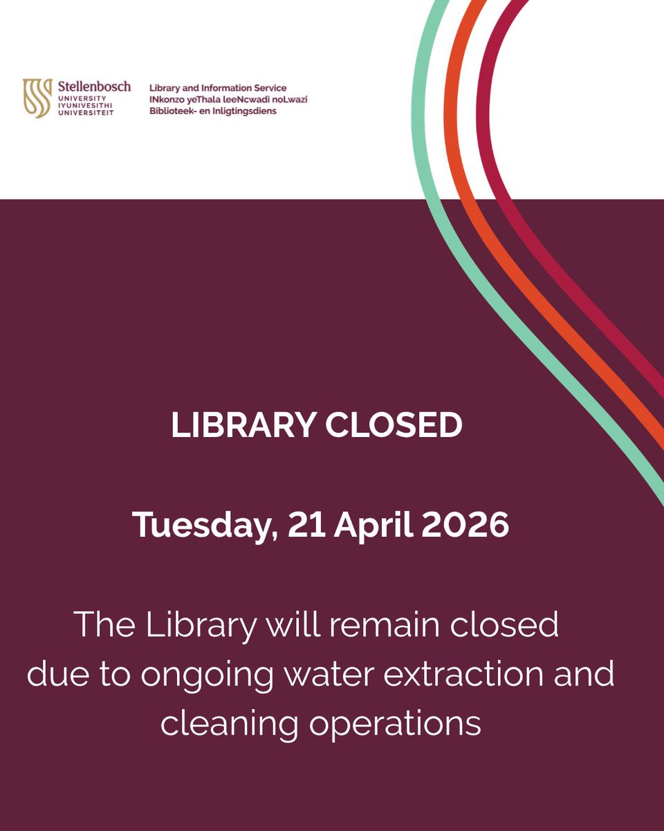 SU_Libraries's tweet photo. 🚧 Library Closed | 21 April 2026

Closed due to water extraction &amp; cleaning.

Earliest reopening: 22 April.
💻 Virtual services available
📚 Branch libraries https://t.co/Fkw07uJsnw