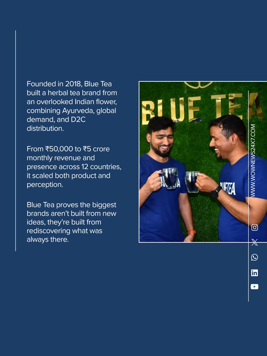wownews24x7's tweet image. 𝗪𝗢𝗪 𝗦𝗧𝗢𝗥𝗬 𝗢𝗙 𝗧𝗛𝗘 𝗗𝗔𝗬: 𝗕𝗹𝘂𝗲 𝗧𝗲𝗮 🍵

They spotted value in an overlooked flower, built global demand first, and turned it into a brand now served at 30,000 feet.

🔗 Read more:
wownews24x7.com/wow-story-of-t…⁠

#wownews24x7 #BlueTea #StartupIndia #BrandBuilding