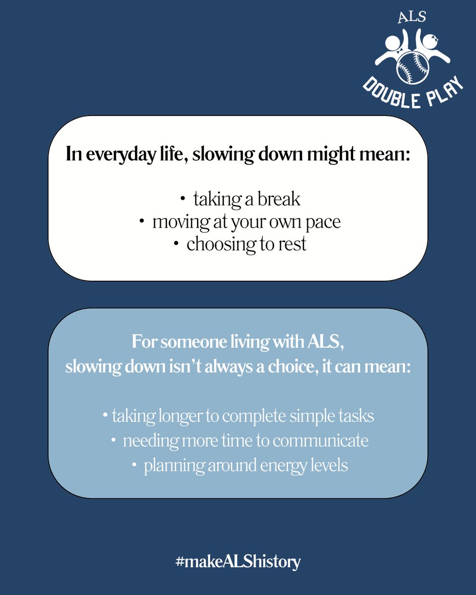 ALSdoubleplay's tweet image. “Slowing down” can mean something very different for someone living with ALS. It affects how tasks are completed, how conversations happen, and how daily life is experienced. Understanding helps us build more supportive environments. #ALSAwareness #ALSCommunity #MakeALShistory