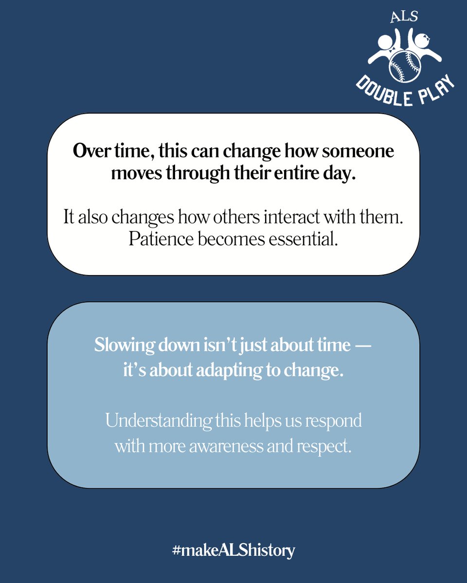 ALSdoubleplay's tweet image. “Slowing down” can mean something very different for someone living with ALS. It affects how tasks are completed, how conversations happen, and how daily life is experienced. Understanding helps us build more supportive environments. #ALSAwareness #ALSCommunity #MakeALShistory