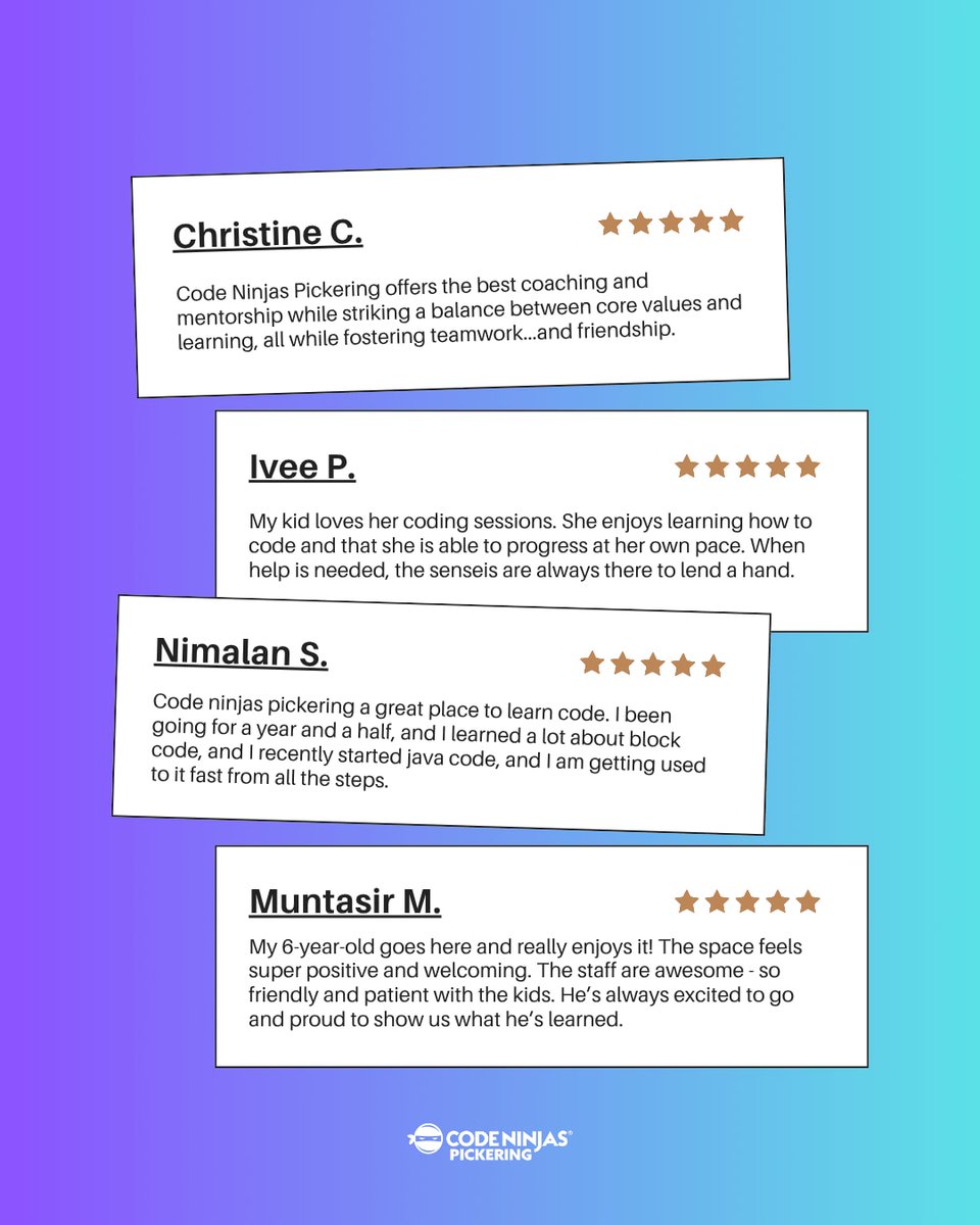 CN_Pickering's tweet image. Real stories from our Code Ninjas families. 💬

We love seeing our Ninjas grow and hearing how much they love the experience!

⭐️⭐️⭐️⭐️⭐️

#CodeNinjasPickering #PickeringProud #DurhamRegion