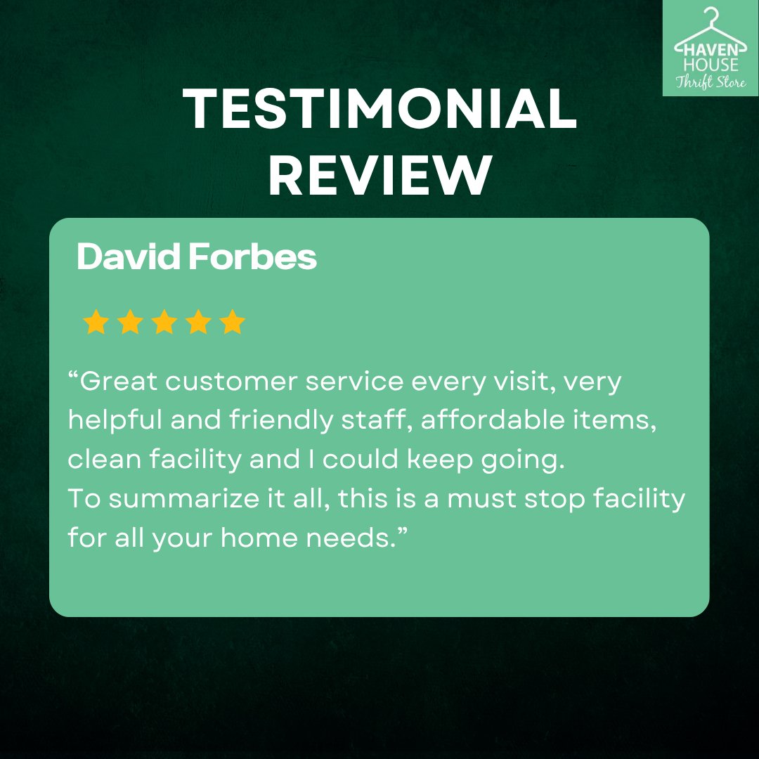 HHthriftstores's tweet photo. Thank you, David! 😊 We love serving you with friendly care, great finds, and a clean store! 🛍️✨ 

#HavenHouseThriftStore #Florida #Fyp #Trendingnow #Exploremore https://t.co/M1JePzEbF9