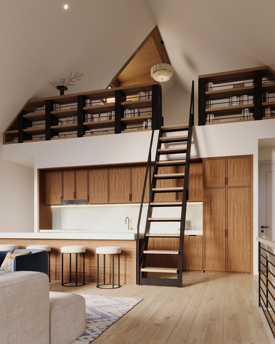 Rendifyco's tweet image. The Loft.
Warm oak cabinetry. White marble island. A black steel ladder that takes you up to a full office above the kitchen.
Two spaces. One house.
#Rendify #3DVisualization #ArchViz #InteriorDesign #LuxuryHome