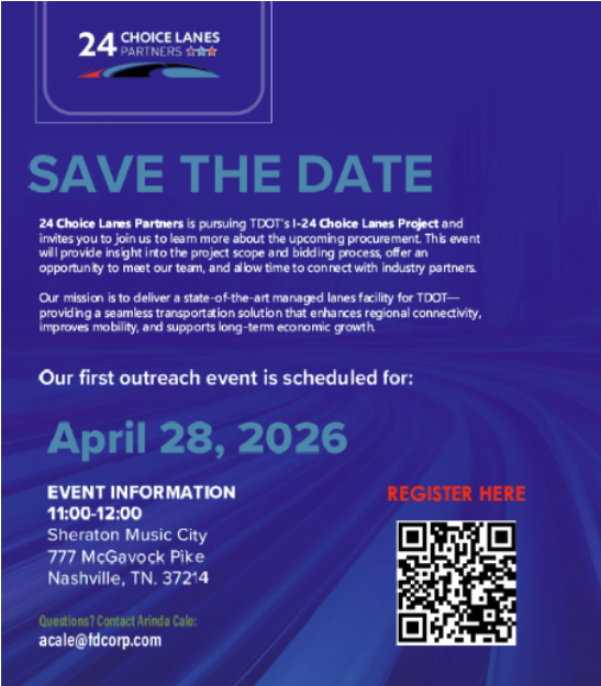 TriStateMSDC's tweet photo. Opportunity Alert!  24 Choice Lanes Partners is pursuing TDOT's I-24 Choice Lanes Project and invites you to join us to learn more about the upcoming procurement. https://t.co/zhMEoTB1RK