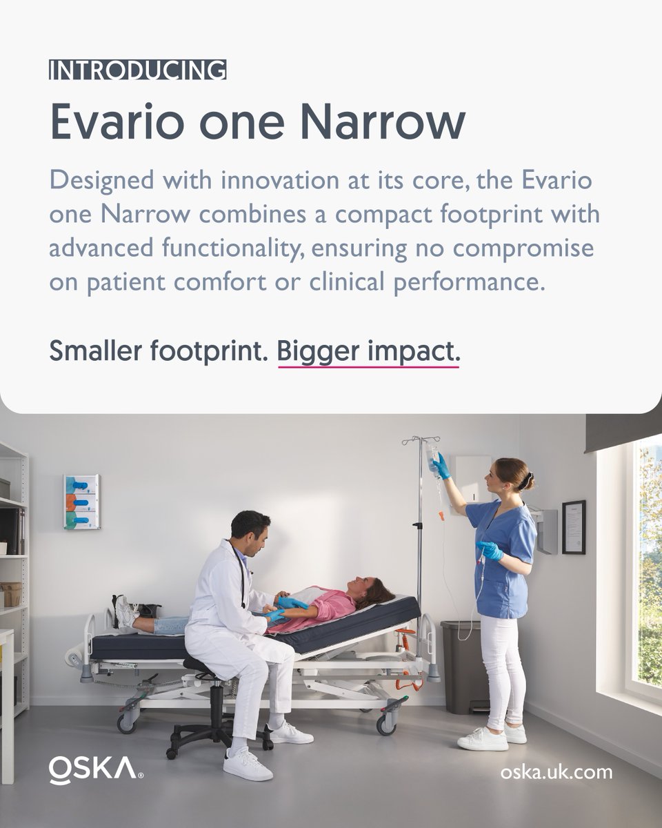 askOSKA's tweet image. Introducing the Evario one Narrow bed – smart design for tighter spaces without compromise.

If you are reviewing your bed fleet, let’s talk: ask@oska.uk.com | 02394 318 318

#HealthcareInnovation #MedTech #PatientCare #SmartDesign #HospitalSolutions #ClinicalExcellence