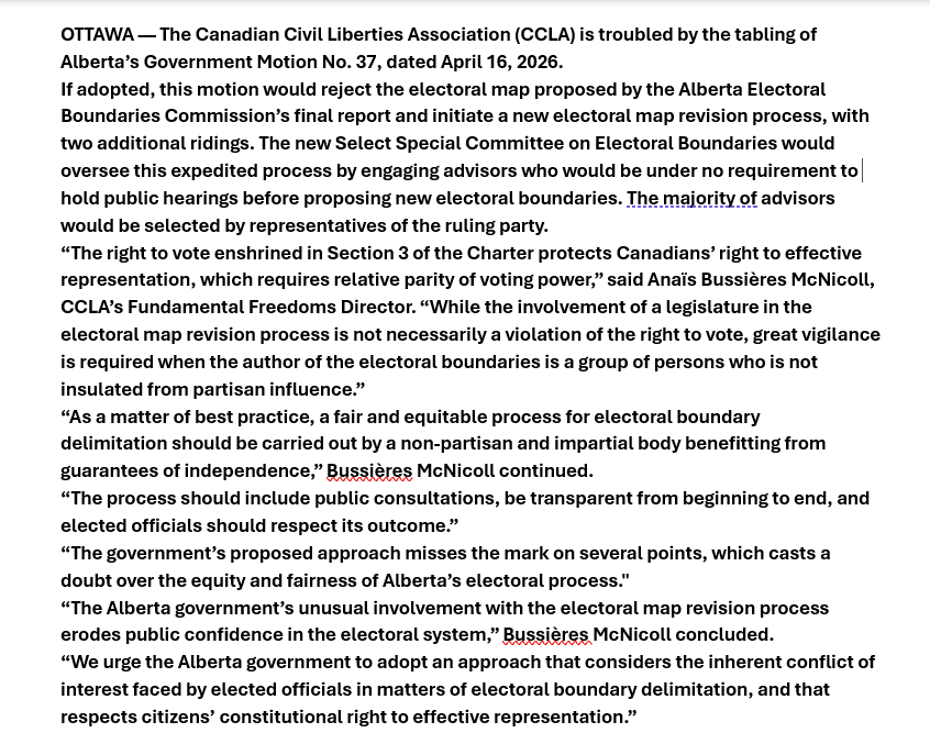 cspotweet's tweet photo. Another voice raising concerns over Alberta's plan to redraw the electoral map, with the Canadian Civil Liberties Association saying the UCP's plan "casts a doubt over the equity and fairness of Alberta’s electoral process." https://t.co/L2sjM3f8eI
