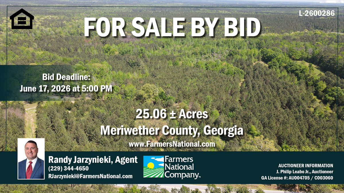 FarmersNational's tweet image. #Land For Sale by Bid.
25.06 acres in Meriwether County, #Georgia.

#Wooded acres with paved road frontage on GA Hwy 109. #Rollingtopography with active creek running through the property! Opportunity to acquire a rural homesite or small hunting tract.

🔗farmersnational.com/real-estate/pr…