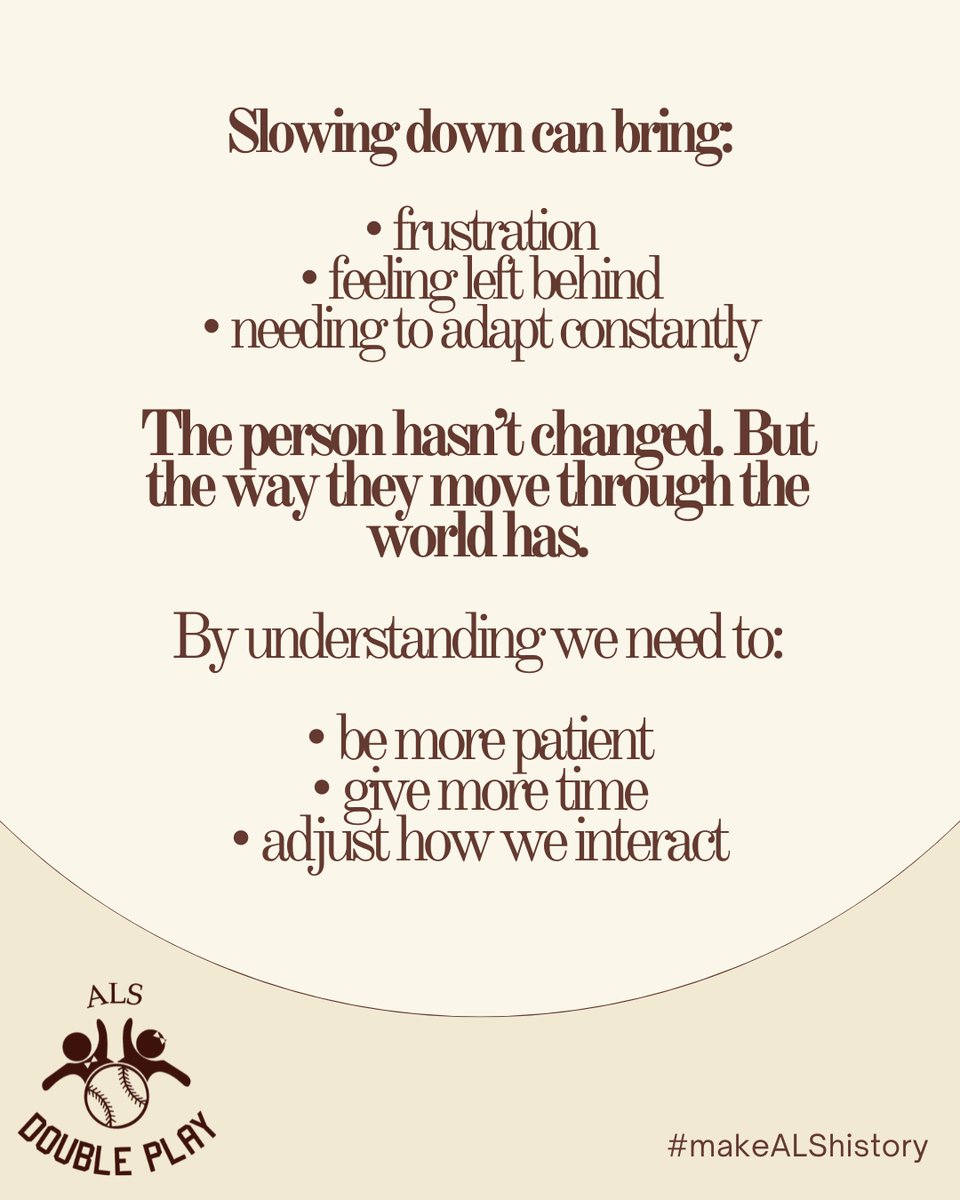 ALSdoubleplay's tweet image. Slowing down affects more than just how long something takes. It can influence independence, communication, relationships, and
how someone experiences daily life. Understanding these changes helps us respond with patience, and respect.

#ALSAwareness #ALSCommunity #MakeALShistory