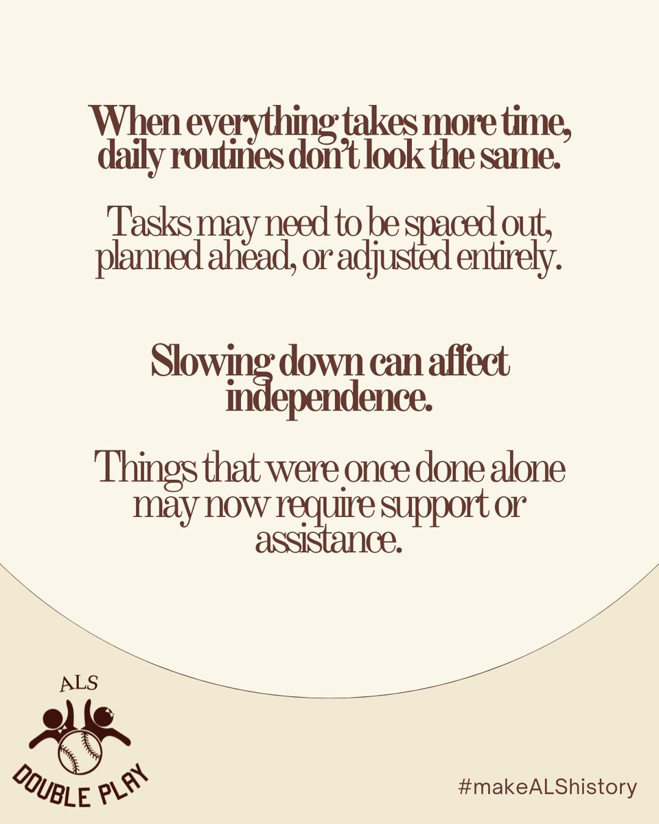 ALSdoubleplay's tweet image. Slowing down affects more than just how long something takes. It can influence independence, communication, relationships, and
how someone experiences daily life. Understanding these changes helps us respond with patience, and respect.

#ALSAwareness #ALSCommunity #MakeALShistory