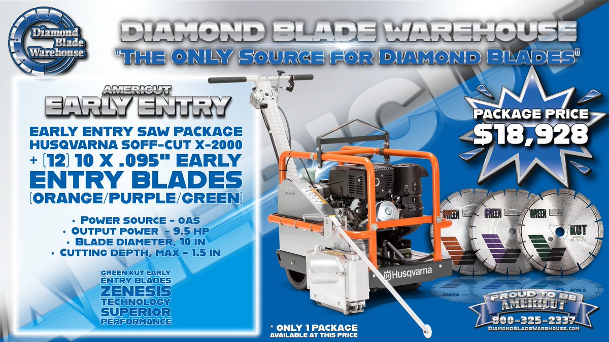 DiamondBladeLLC's tweet image. 🚨Early Entry Package!
Husqvarna SOFF-CUT X-2000 Saw + (12) 12× 10" Early Entry Blades (Orange/Purple/Green)

Only $18,928
• Gas • 9.5 HP • 10" Blade • Max 1.5" Depth
Just 1 package available!
📞 800-325-2337 diamondbladewarehouse.com
#ConcreteCutting #Husqvarna #Construction